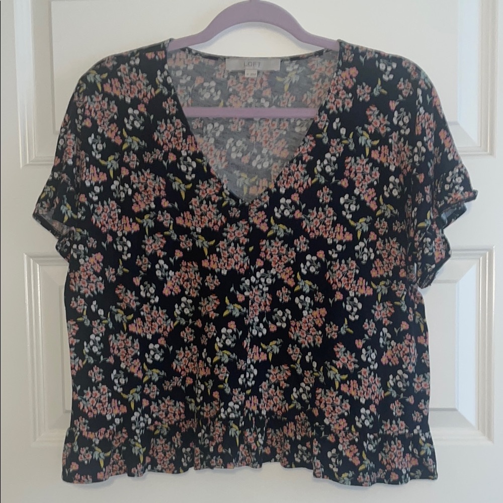LOFT Black and Pink Ruffled Cropped Top